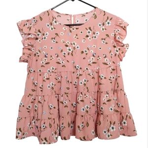Shein Women's Spring Pink Ruffled Short Sleeve Tiered Floral Blouse Size Large
